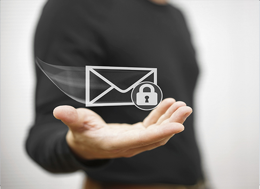 email and padlock logo floating over man's hand